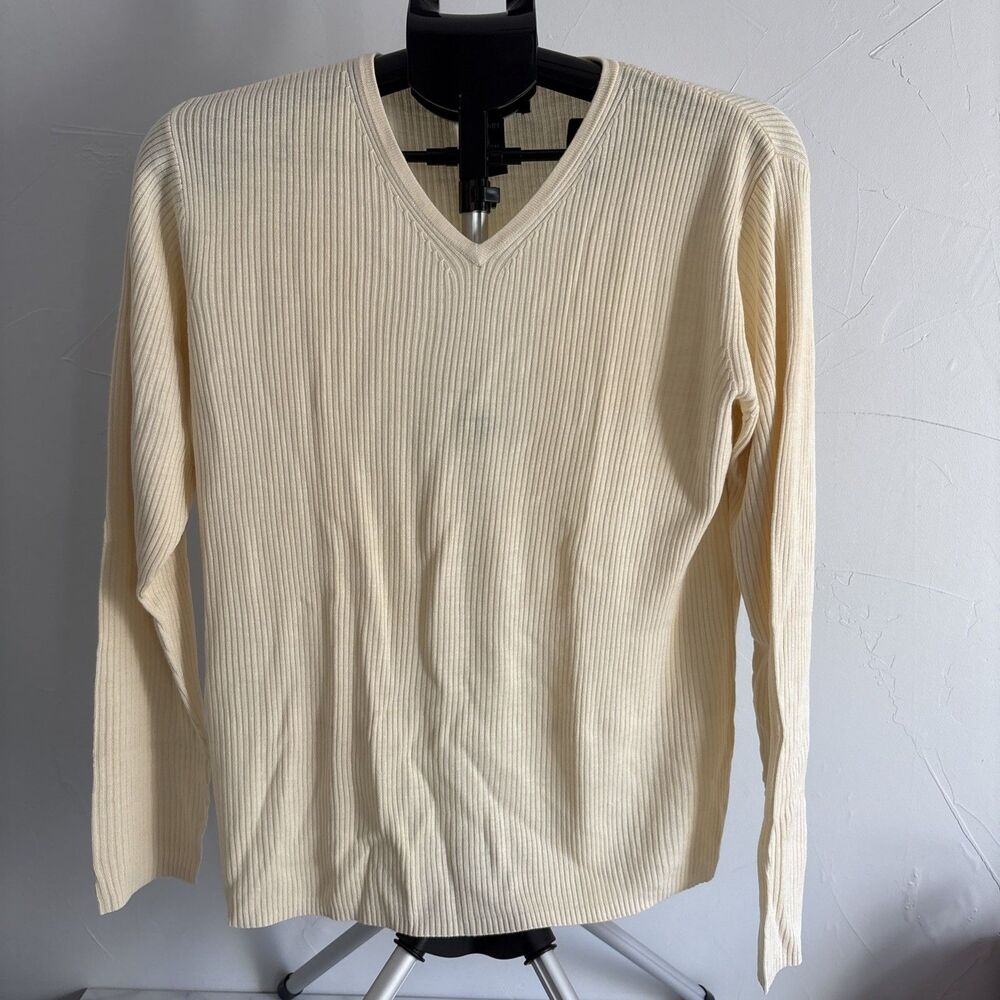 August Silk Knits Cream 100% Silk Ribbed V-Neck Sweater Size L